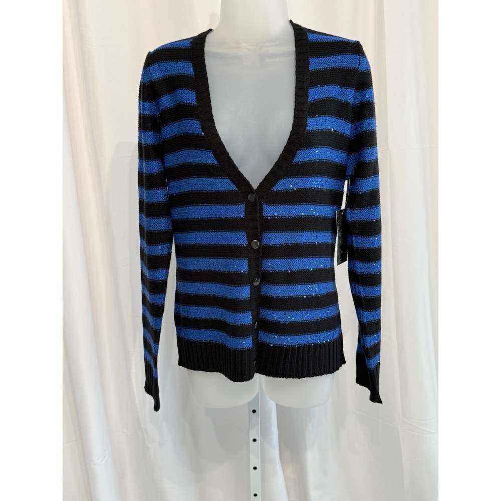 Debbie Morgan blue and black striped long sleeve cardigan with sequence PL NWT